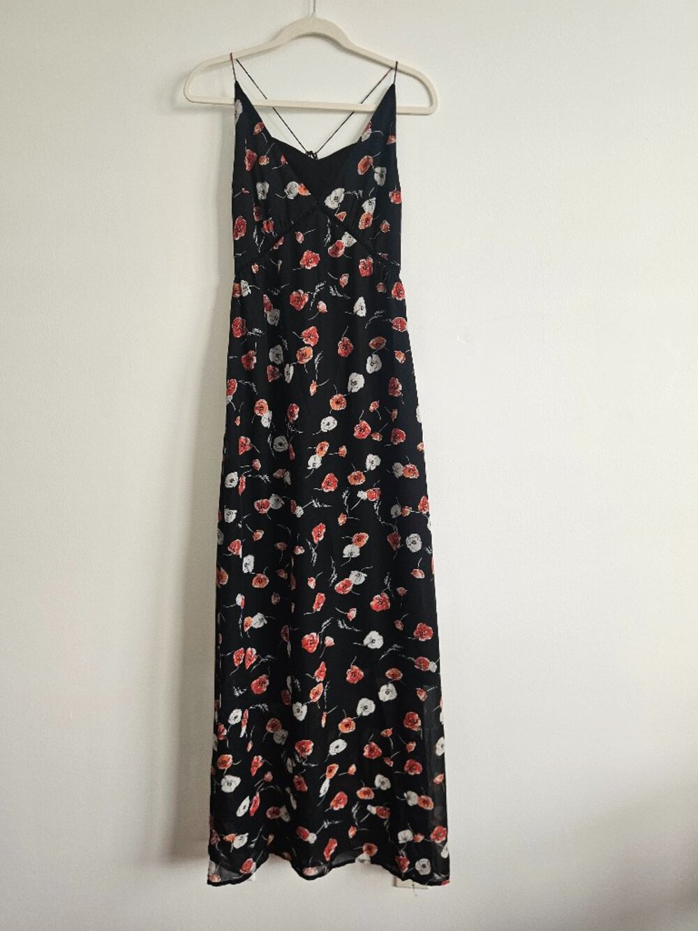 Like Mynded M Maxi Dress Black Red White Floral Poppy Open Back Added Bust Patch